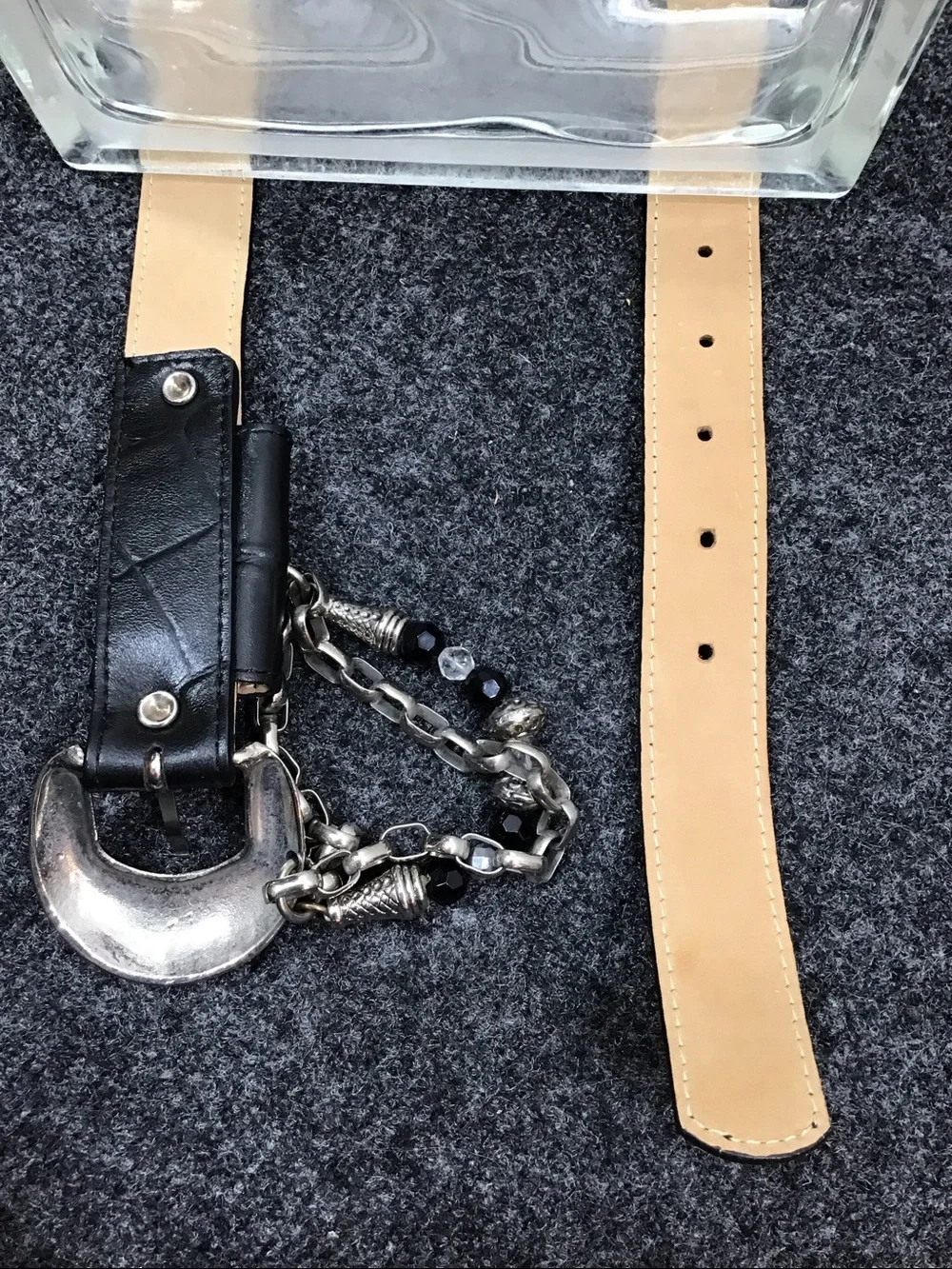 Leatherrock vintage Black Leather Chain Accent Belt with Silver Filigree Buckle